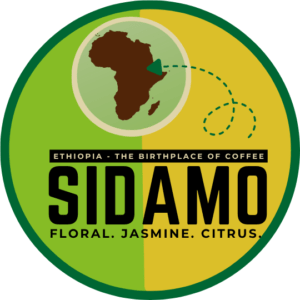 Label for Sidamo Coffee real Deal Roasters eTHIOPIA - tHE BIRTHPLACE OF COFFEE
